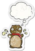 cartoon happy teddy bear and thought bubble as a distressed worn sticker vector