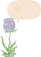 cartoon thistle and speech bubble in retro textured style vector