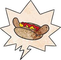 cartoon fresh tasty hot dog and speech bubble in retro texture style vector