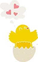 cute hatching chick cartoon and thought bubble in retro style vector