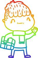 rainbow gradient line drawing cartoon friendly boy with christmas present vector