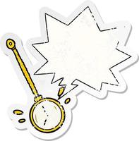 cartoon swinging gold hypnotist watch and speech bubble distressed sticker vector
