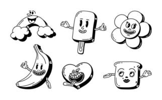 A set of retro cartoon characters from the 30s. Vintage comic smile black and white vector illustration