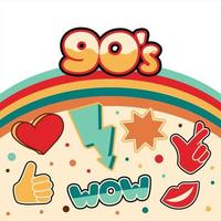 Collage banner retro pop of the 90s. Abstract background with inscriptions and stickers. Cool trendy vector design illustration.