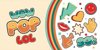 Collage banner retro pop of the 90s. Abstract background with inscriptions and stickers. Cool trendy vector design illustration.