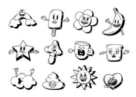 A set of retro cartoon characters from the 30s. Vintage comic smile black and white vector illustration