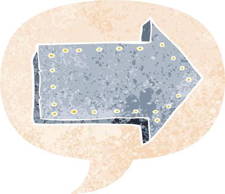 cartoon pointing arrow and speech bubble in retro textured style