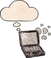 cartoon laptop computer and thought bubble in grunge texture pattern style vector