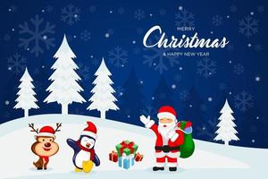 Christmas set with Santa Claus, snowman, reindeer, penguin and a Christmas tree. Vector illustration.