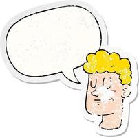 cartoon male face and speech bubble distressed sticker vector