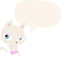 cute cartoon female cat and speech bubble in retro style vector