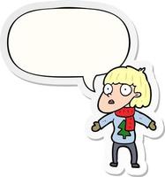 cartoon surprised christmas person and speech bubble sticker vector