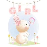 cute bunny playing with butterfly vector