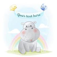 Cute little Hippo with watercolor illustration vector