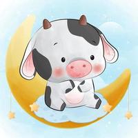 Cute cow sitting on a moon and stars with clouds vector