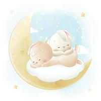 Cute rabbit sleeping on clouds at night with shooting stars falling in the sky vector