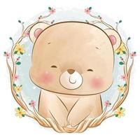 Cute Watercolor little bear surrounded by wild forest plants wreath vector