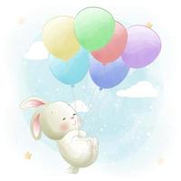 Little bunny flying in colorful balloons with star in sky vector