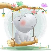 Happy cute Hippopotamus on swing illustration vector