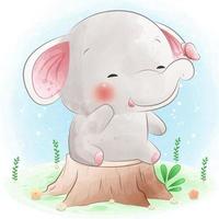 cute elephant sitting on tree stump with butterfly vector