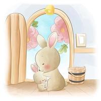 Cute mom and baby rabbit in home vector