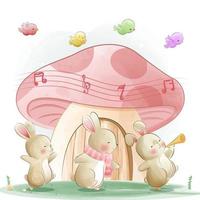 cute bunny playing music instruments and having fun vector