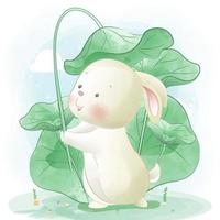 Little bunny holding leaf illustration vector
