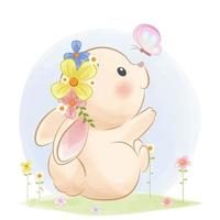 Happy bunny playing with a butterfly, animal cartoon illustration