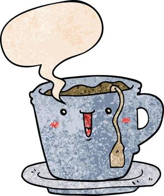 cute cartoon cup and saucer and speech bubble in retro texture style