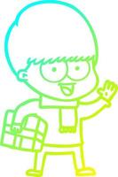 cold gradient line drawing happy cartoon boy with present vector