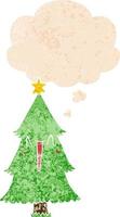 cartoon christmas tree and thought bubble in retro textured style vector