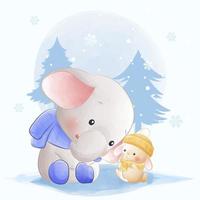 Cute animals, little bunny and elephant playing in snow vector