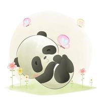 Cute little panda playing with butterfly watercolor illustration vector