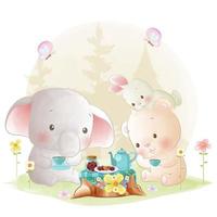 Baby nursery decor cute animals , baby elephant, bear and bunny tea party vector