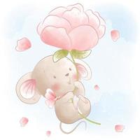 Cute mouse holding flower and flying cartoon illustration vector