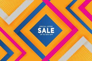 Vector abstract background texture Sale banner template design, bright poster. Big sale special offer. banner yellow background, pink and blue stripes and shapes.