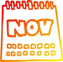 warm gradient line drawing cartoon calendar showing month of november vector