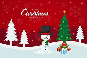 Merry Christmas with decorated new year tree snowman character figure and gift box vector illustration