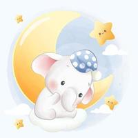 Cute cartoon sleepy baby elephant wearing sleeping cap with small stars vector