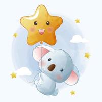 Cute koala is flying a balloon in the sky among the stars vector