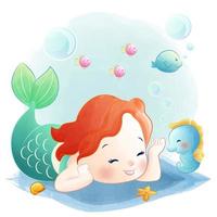 Cute animals Underwater cute mermaid along with fish and seahorse vector