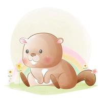 Cute funny sitting baby beaver adorable animal character vector