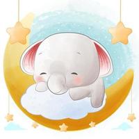 Baby elephant lying on cloud with the moon illustration vector