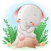 cute elephant sitting on tree stump with green plants vector