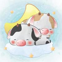 cute calf sleeps in the clouds with the moon and stars vector