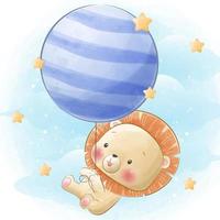 Cute little lion flying with balloon vector