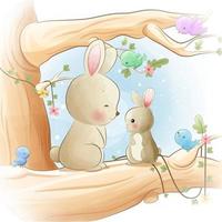Cute little rabbit climbing tree with birds vector