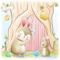 dos lindos conejos jugando pájaros ilustración de dibujos animados vector