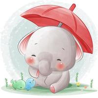 Illustration of Cute and funny baby elephant under umbrella vector