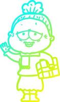cold gradient line drawing cartoon happy old lady vector